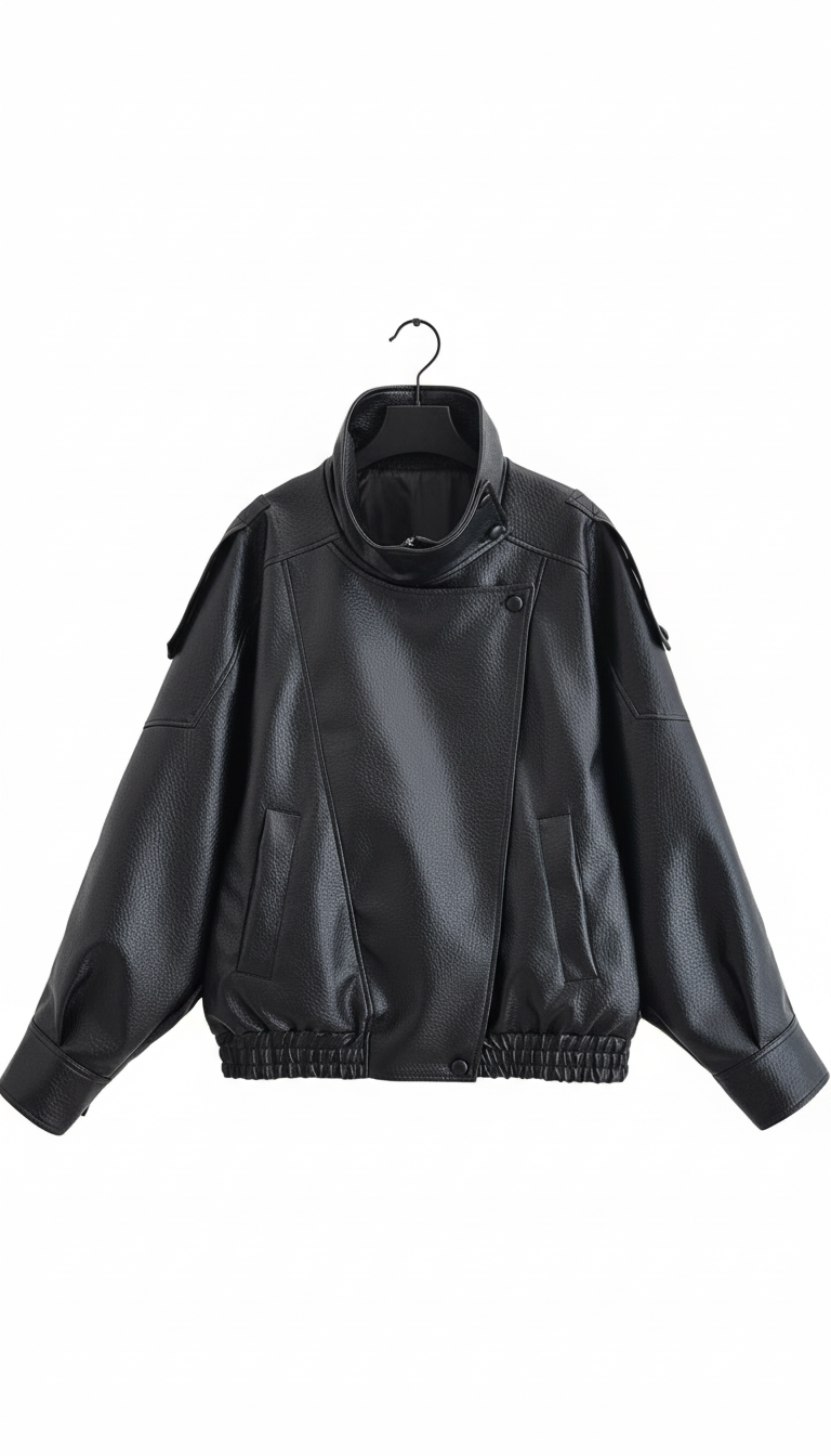 Women's Pebbled Faux Leather Moto Jacket - Casual - Detail Close-Up