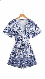 Women's V-Neck Chiffon Romper - Short Sleeve Printed - Side View