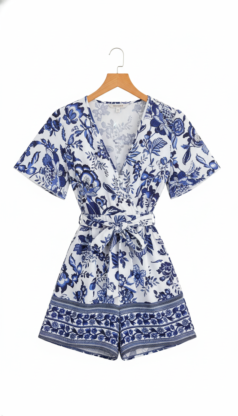 Women's V-Neck Chiffon Romper - Short Sleeve Printed - Side View
