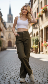 OURYE Women's Cotton Cargo Pants - Wide Leg in Stone