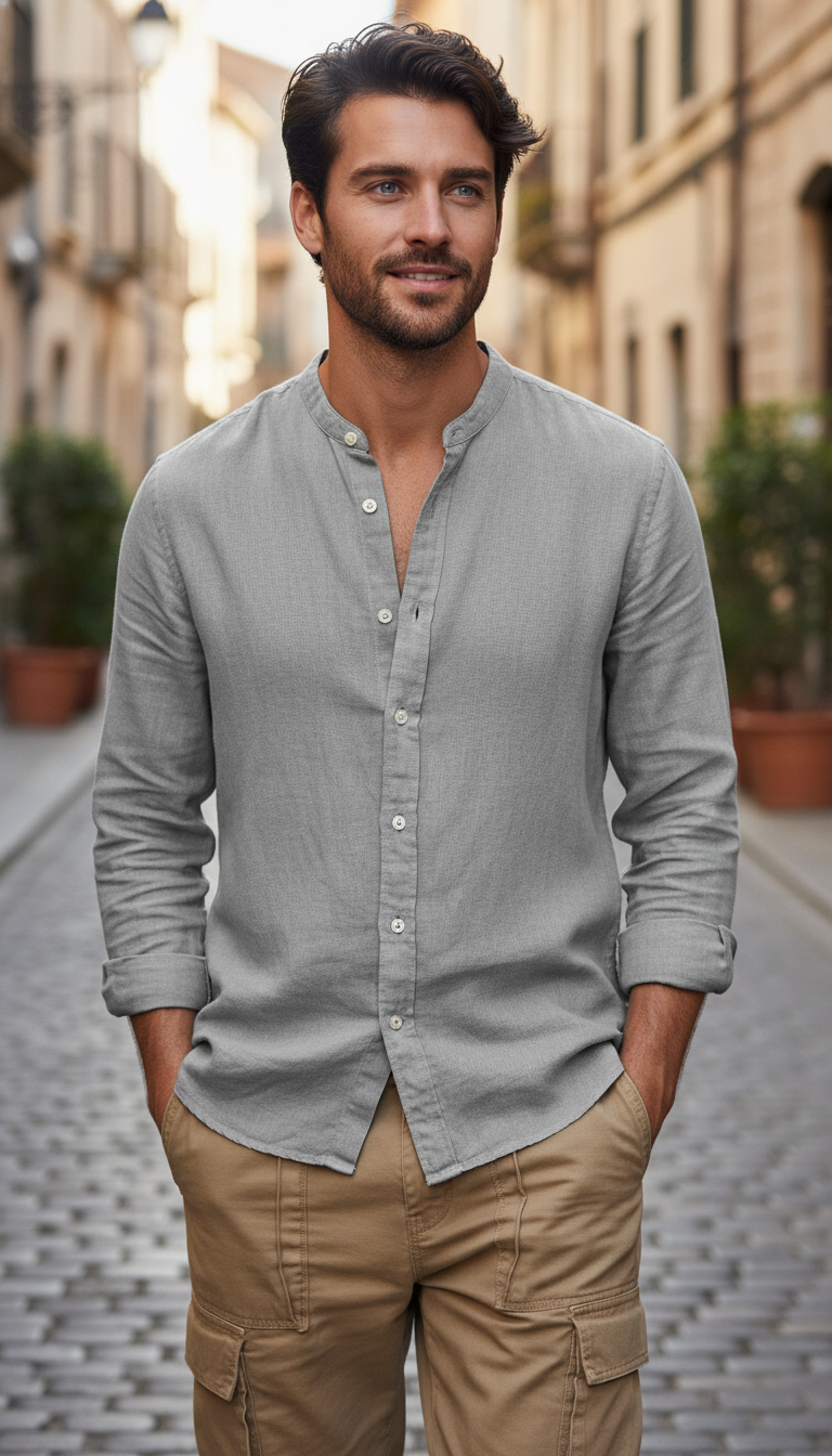 Men's Linen Long Sleeve Shirt – Stand Collar - Back View