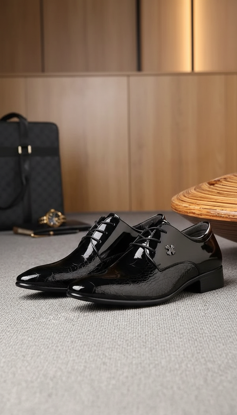 Men's Black Leather Dress Shoes - Soft Sole - Side View
