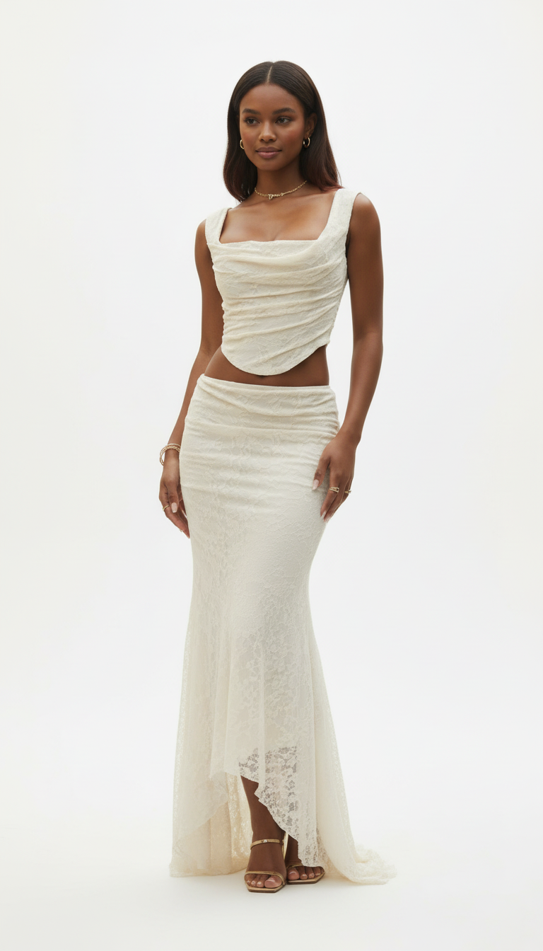 Women's 2-Piece Formal Dress Set - Lace V-Neck Crop Top & Floor-Length Maxi Skirt