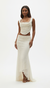 Women's 2-Piece Formal Dress Set - Lace V-Neck Crop Top & Floor-Length Maxi Skirt