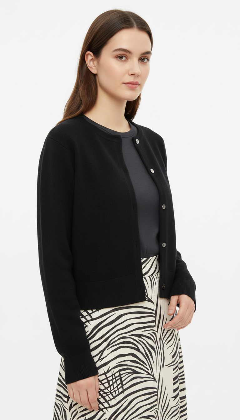 Damen Cardigan aus 100 % Merinowolle – Rundhals-Strickjacke mit Knopfleiste
