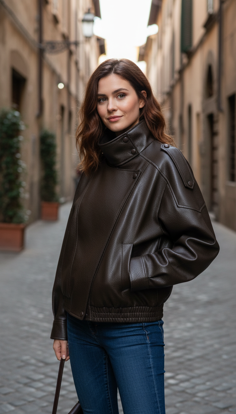 Women's Pebbled Faux Leather Moto Jacket - Casual - Image 7