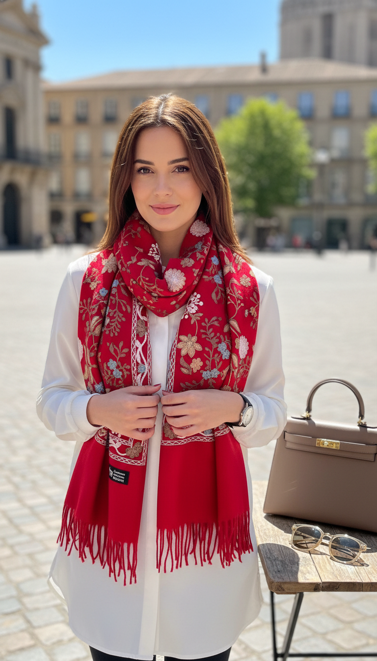Women's Polyester Scarf - Embroidered Pashmina Shawl Wrap - Side View