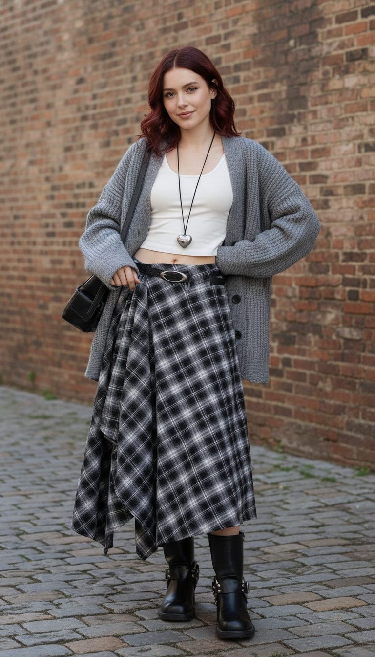 Plaid A-Line Midi Skirt – Women's High-Waist Retro - Side View