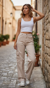 OURYE Women's Cotton Cargo Pants - Wide Leg in Stone
