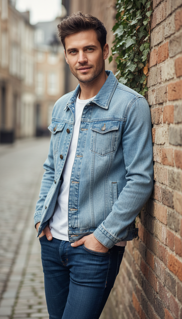 Men's Solid Denim Jacket - Slim Fit Vintage - Side View