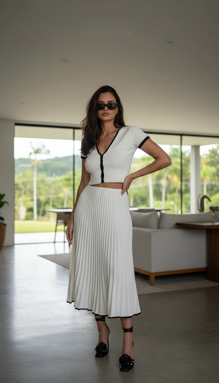 Women's 2-Piece V-Neck Crop Top & Pleated Midi - Back View