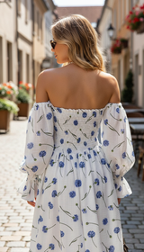 Women's Cotton Floral Midi Dress - Square Neck - Detail Close-Up