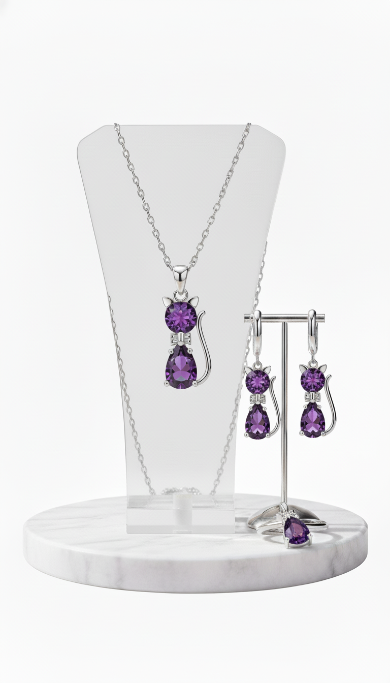 Sterling Silver Cat Necklace and Earring Set - - Image 6