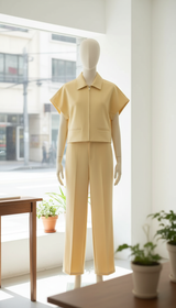 Women's 2-Piece Summer Set - Lapel Zipper Short Sleeve Top & Wide Leg Pants