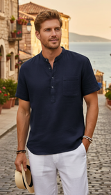 Cotton Linen Henley Shirt – Men's Short Sleeve - Front View
