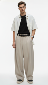 OURYE Men's Pleated Trousers - Wide Leg in Stone
