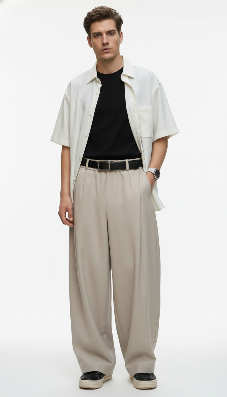 OURYE Men's Pleated Trousers - Wide Leg in Stone