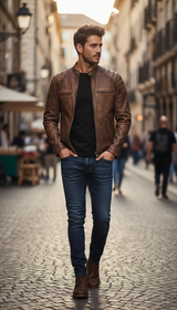 Men's Vintage Brown Genuine Leather Jacket - Slim - Image 6