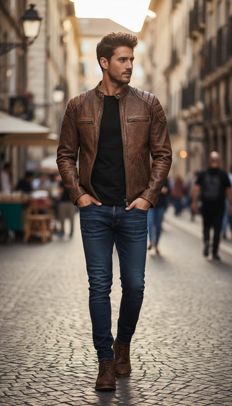Men's Vintage Brown Genuine Leather Jacket - Slim - Image 6