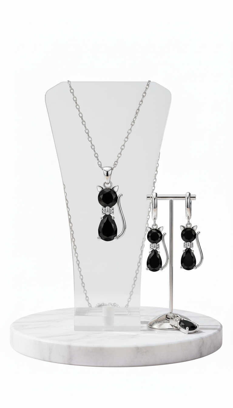 Sterling Silver Cat Necklace and Earring Set - - Side View