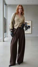 Women's High-Waisted Wide Leg Pants - Pleated Casual - Detail Close-Up