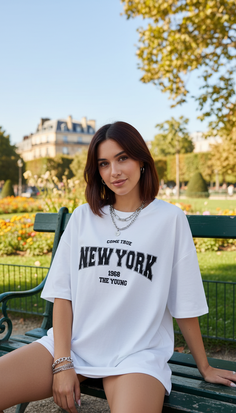 Women's Oversized Letter Print T-Shirt - 100% Cotton - Front View