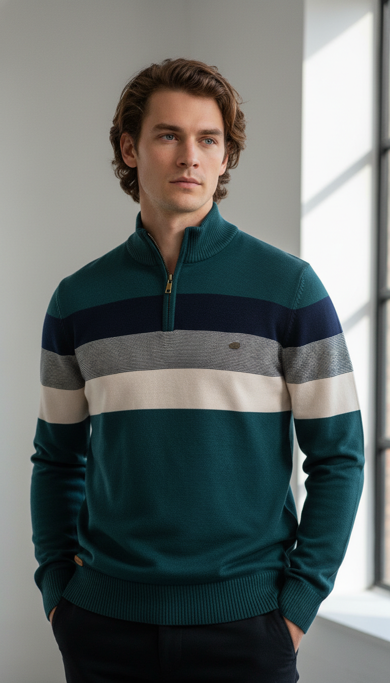 Men's Patchwork Pullover Sweater - Cotton Mock Neck - Image 14