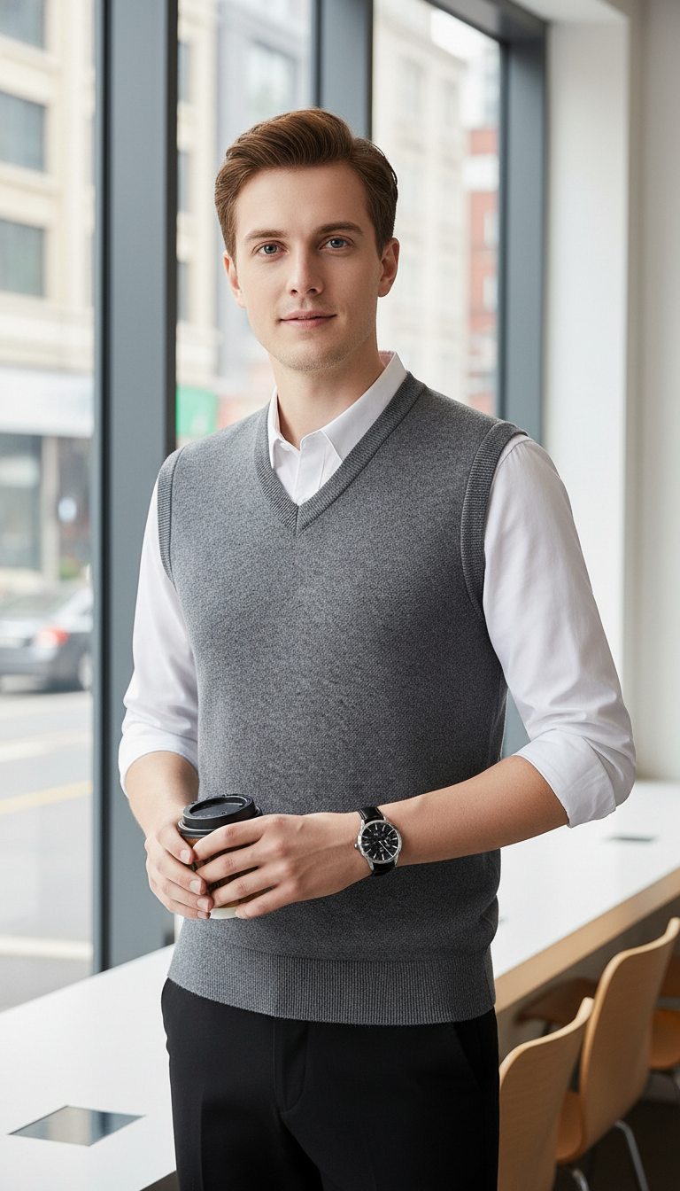 Men's Solid Colour Sweater Vest - V-Neck Sleeveless - Front View