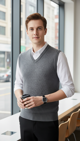 Men's Solid Colour Sweater Vest - V-Neck Sleeveless - Front View