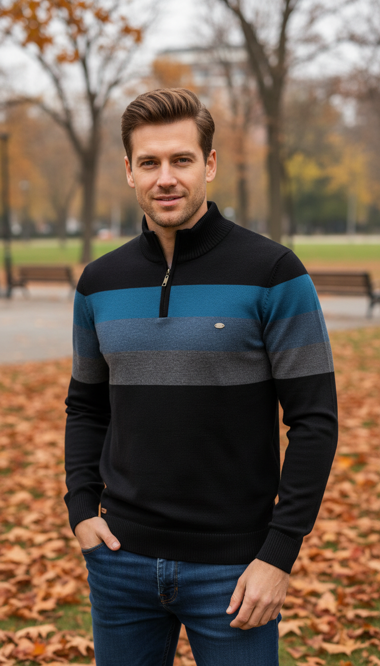 Men's Patchwork Pullover Sweater - Cotton Mock Neck - Image 15