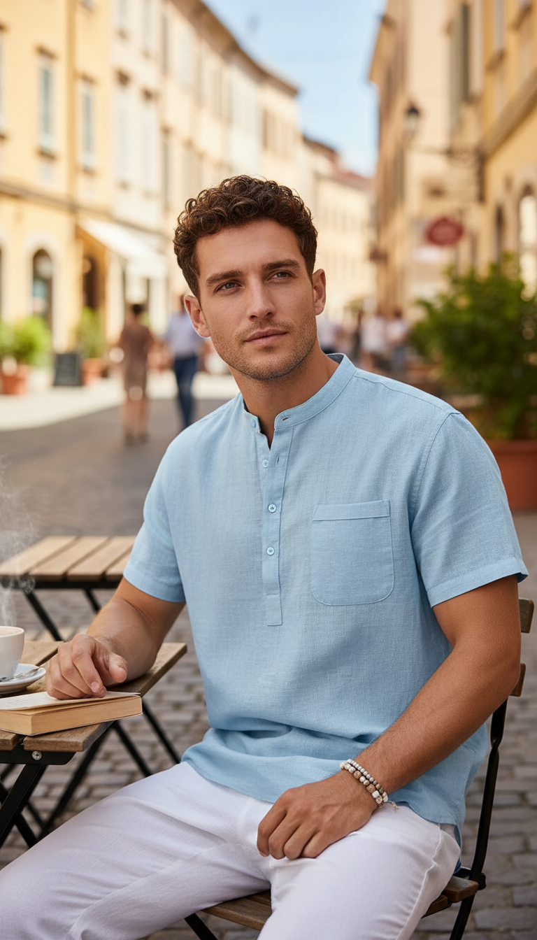 Cotton Linen Henley Shirt – Men's Short Sleeve - Image 10