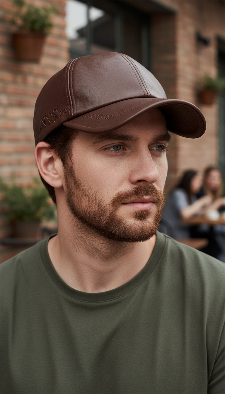 Unisex Leather Baseball Cap - Snapback with Warm - Front View