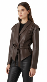 OURYE Women's Oversized Faux Leather Jacket - Belted Dropped-Shoulder Cut in Black
