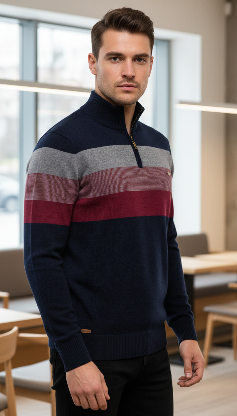 Men's Patchwork Pullover Sweater - Cotton Mock Neck - Side View