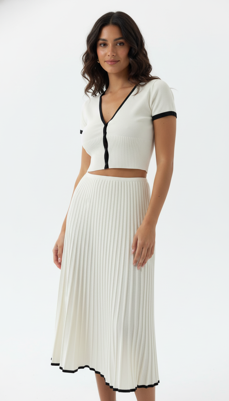 Women's 2-Piece V-Neck Crop Top & Pleated Midi Skirt Set - Summer Elegant Co-ord