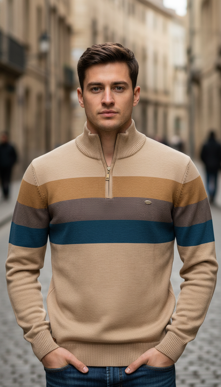 Men's Patchwork Pullover Sweater - Cotton Mock Neck - Image 16