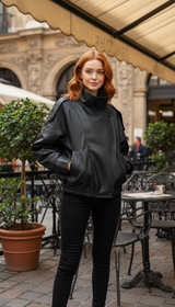 Women's Pebbled Faux Leather Moto Jacket - Casual - Front View