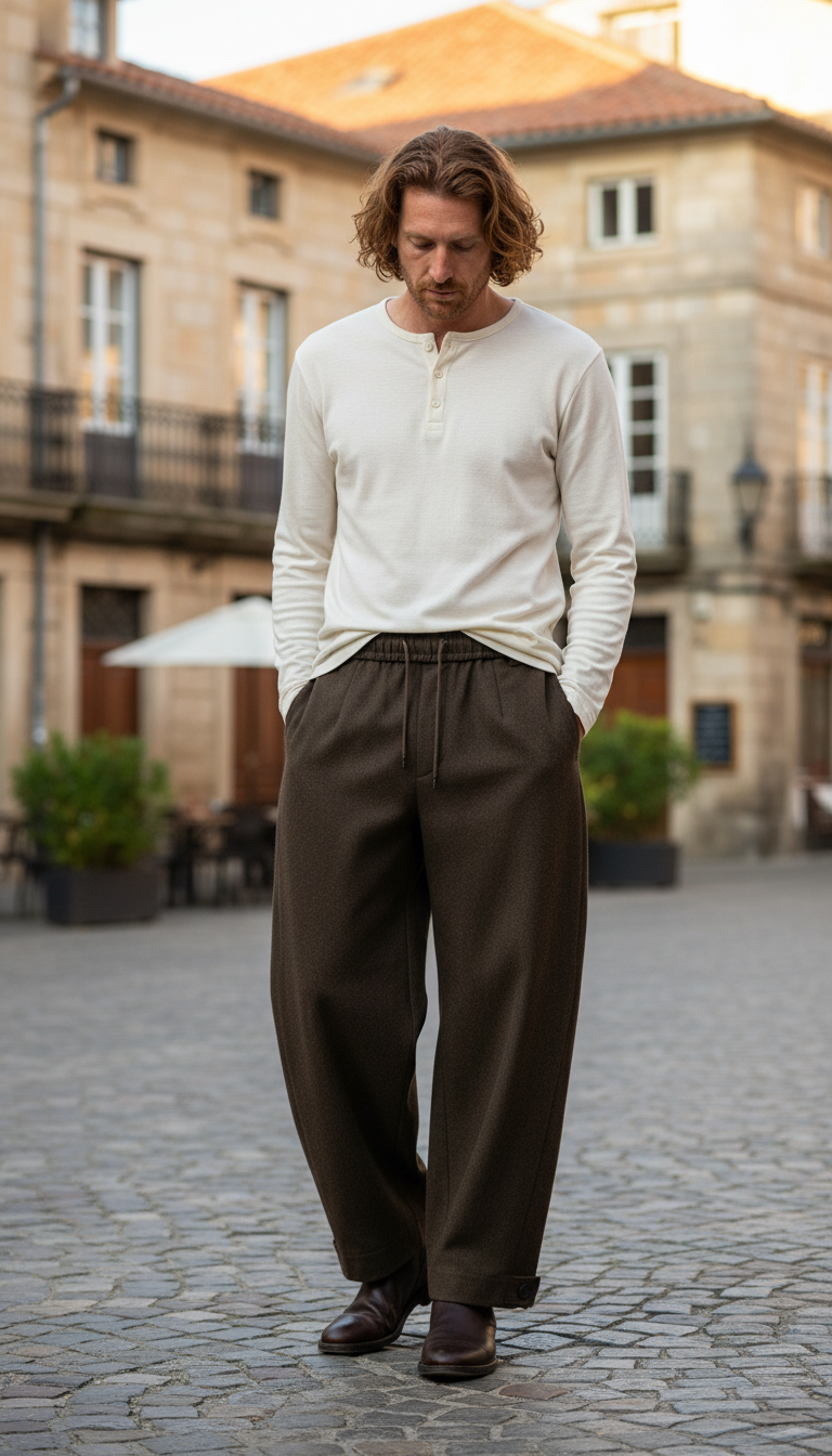 OURYE Men's Pleated Trousers - Wide Leg in Stone