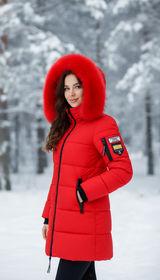 Women's Long Fur Collar Hooded Parka - Elegant - Detail Close-Up