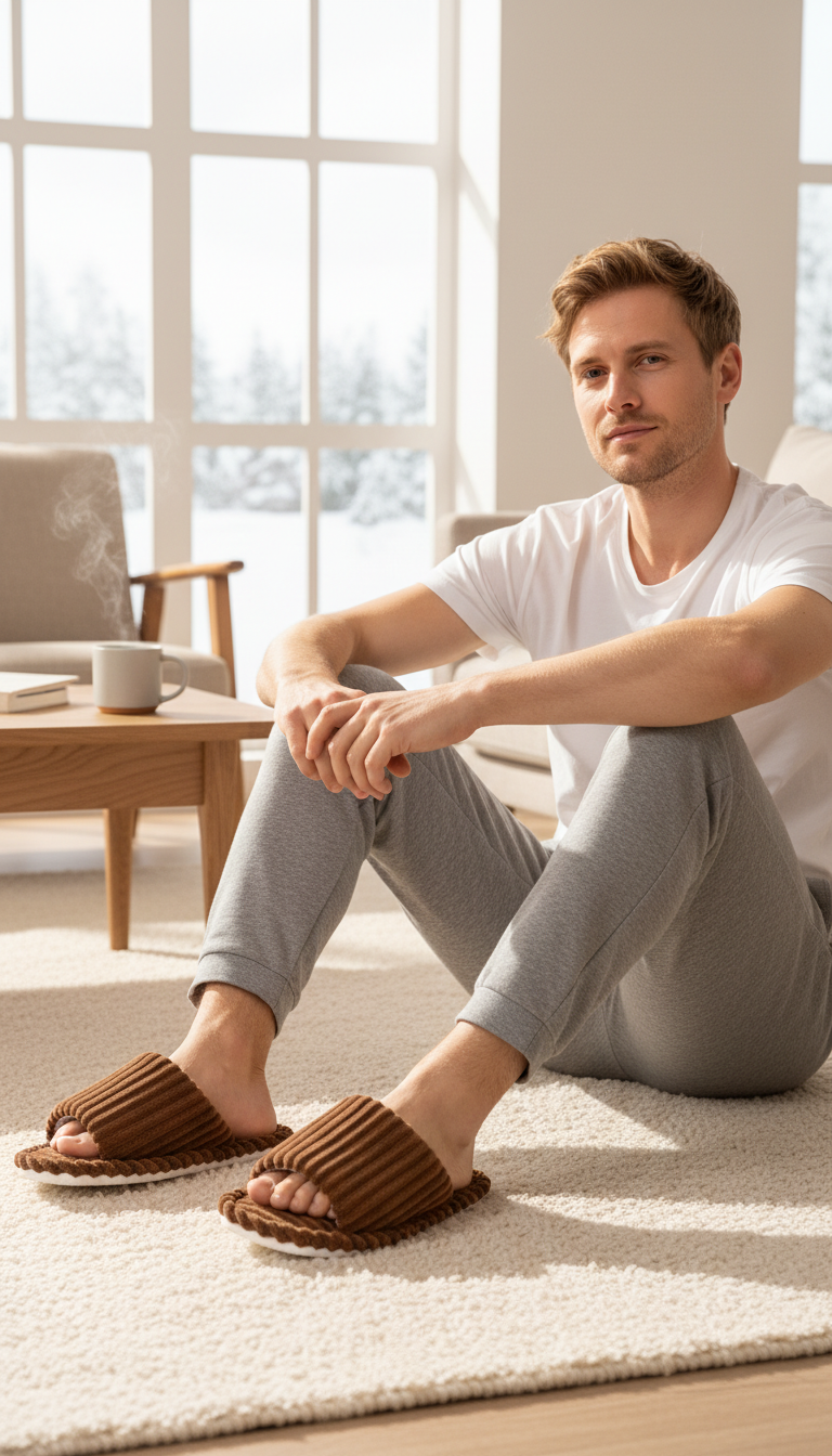Men's Open Toe Indoor Slippers - Soft Non-Slip - Detail Close-Up