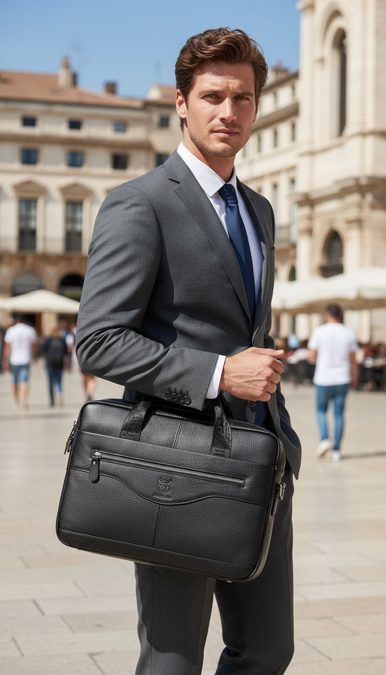Genuine Leather Briefcase – Men's 14-Inch Laptop Messenger - Side View