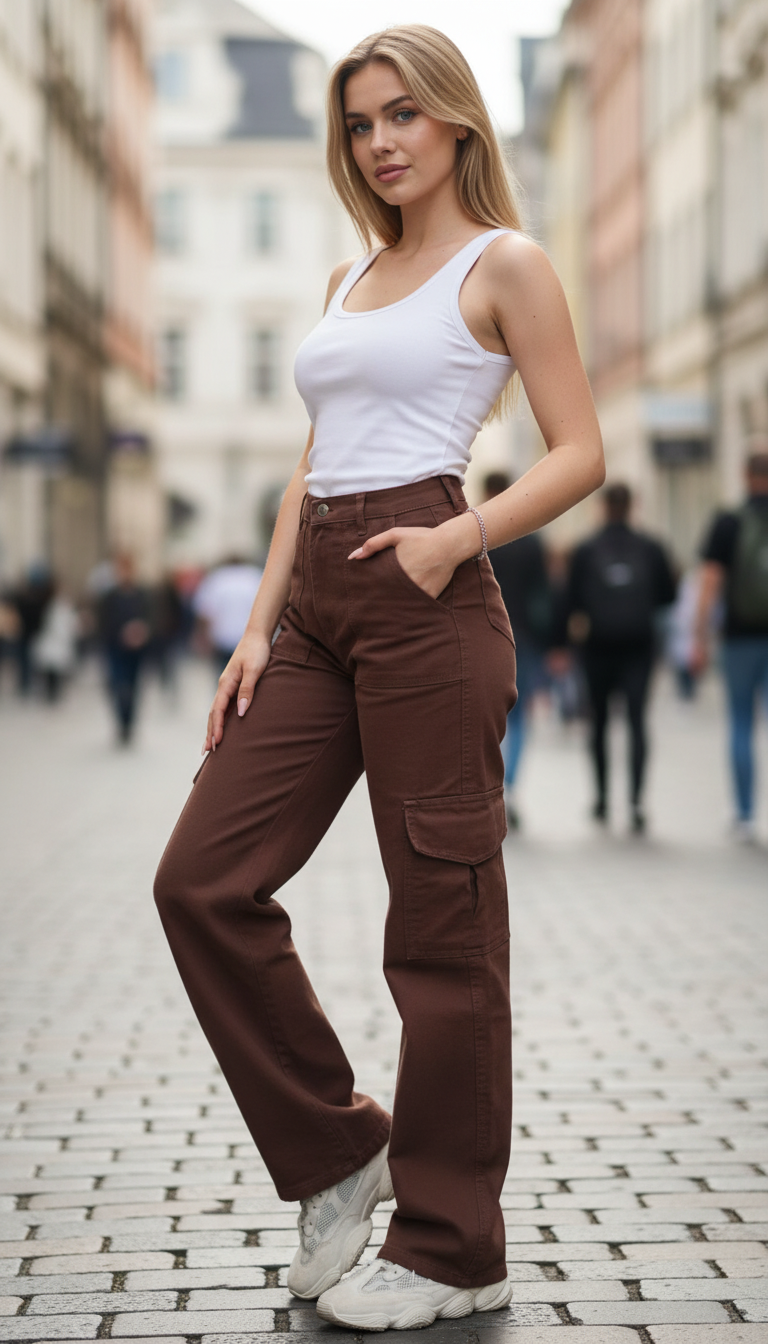 OURYE Women's Cotton Cargo Pants - Wide Leg in Stone