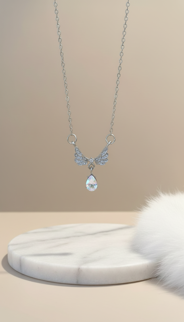 Pink Bow Star Pendant Necklace - Rhinestone Clavicle - Side View