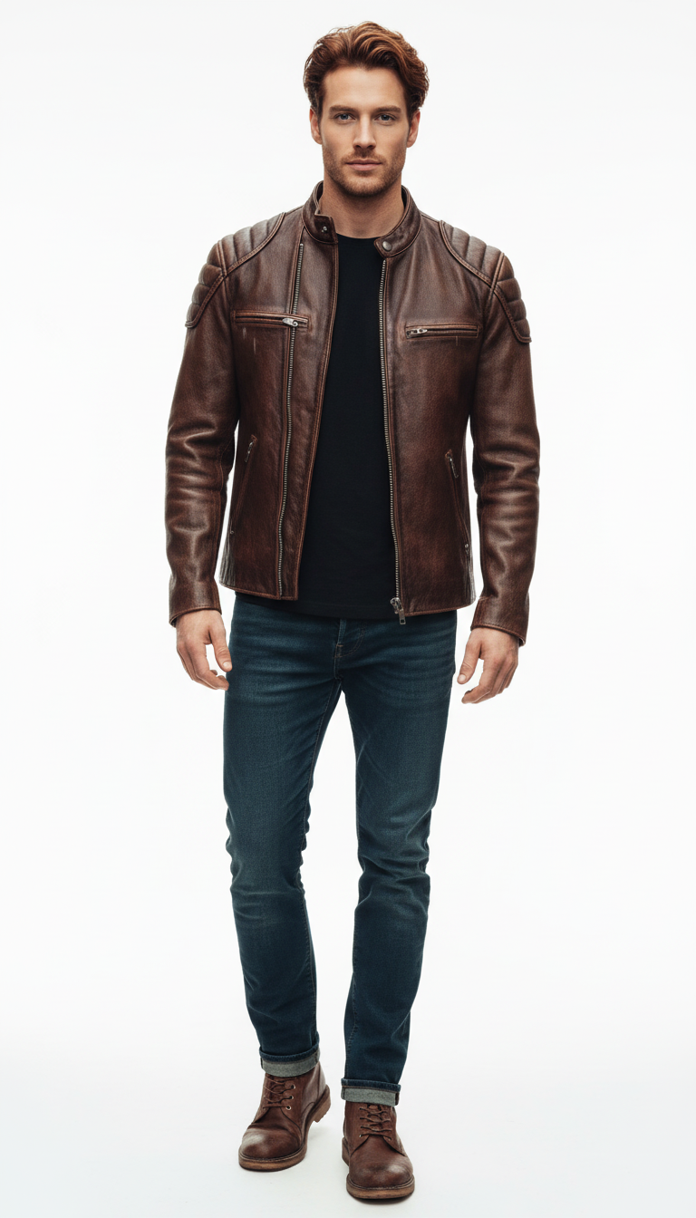 OURYE Men's Vintage Cowhide Leather Jacket - Slim Fit Biker Style in Distressed Brown