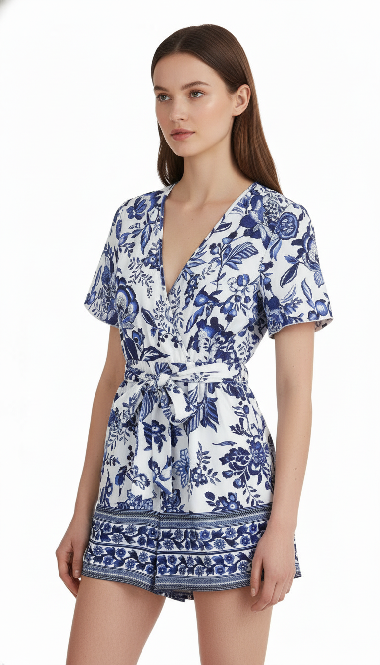 Women's V-Neck Chiffon Romper - Short Sleeve Printed Playsuit for Summer