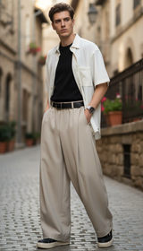 OURYE Men's Pleated Trousers - Wide Leg in Stone
