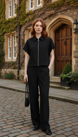 Women's 2-Piece Summer Set - Lapel Zipper Short Sleeve Top & Wide Leg Pants