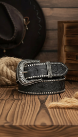 Western Cowboy PU Leather Belt - Men's Waist - Detail Close-Up