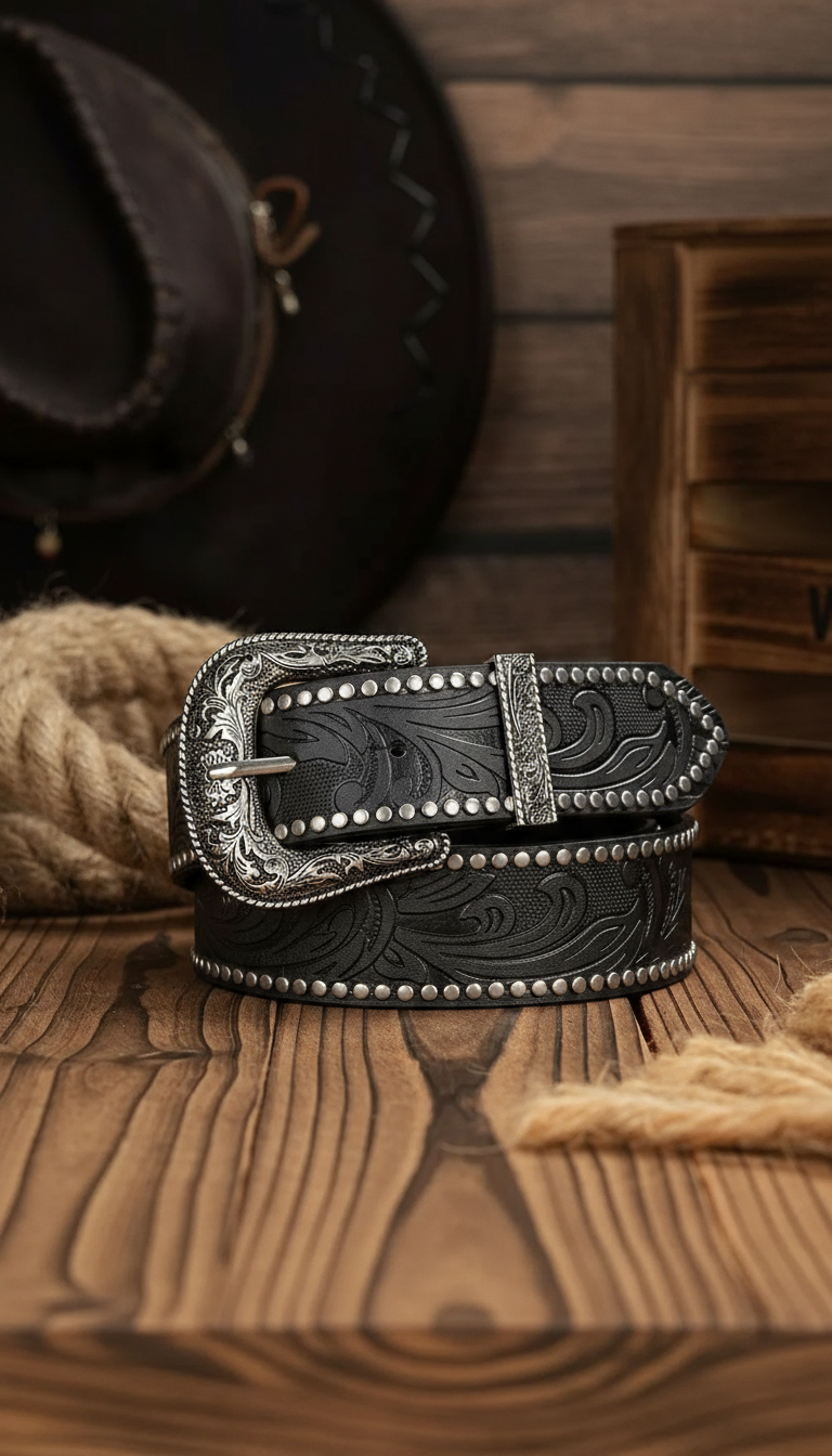 Western Cowboy PU Leather Belt - Men's Waist - Detail Close-Up