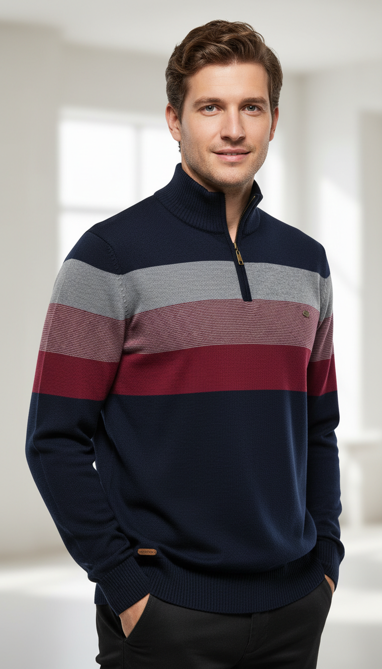 Men's Patchwork Pullover Sweater - Cotton Mock Neck - Image 17
